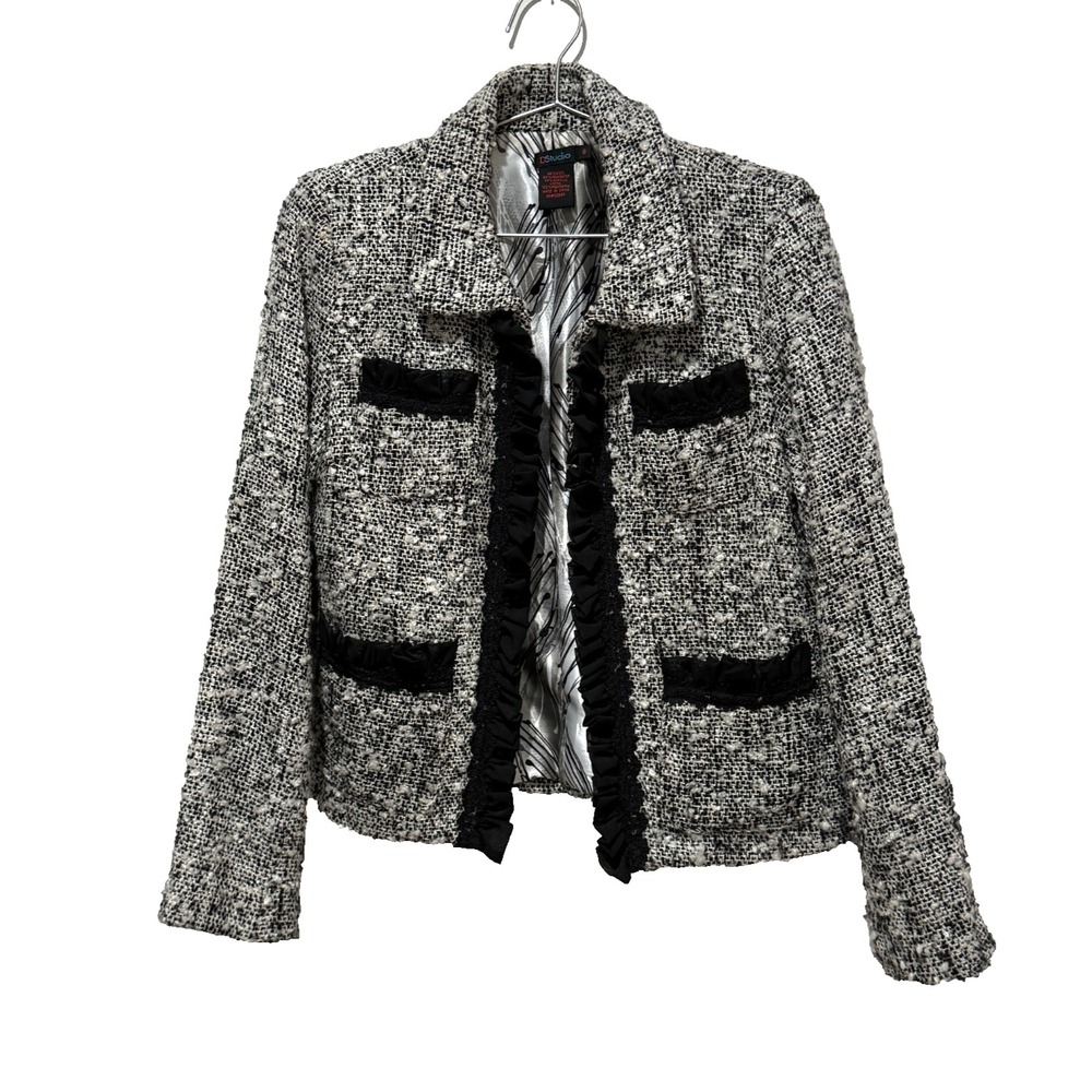 D Studio Tweed Blazer Jacket Women's 8 Black White Wool Blend Ruffle Lady Jacket
